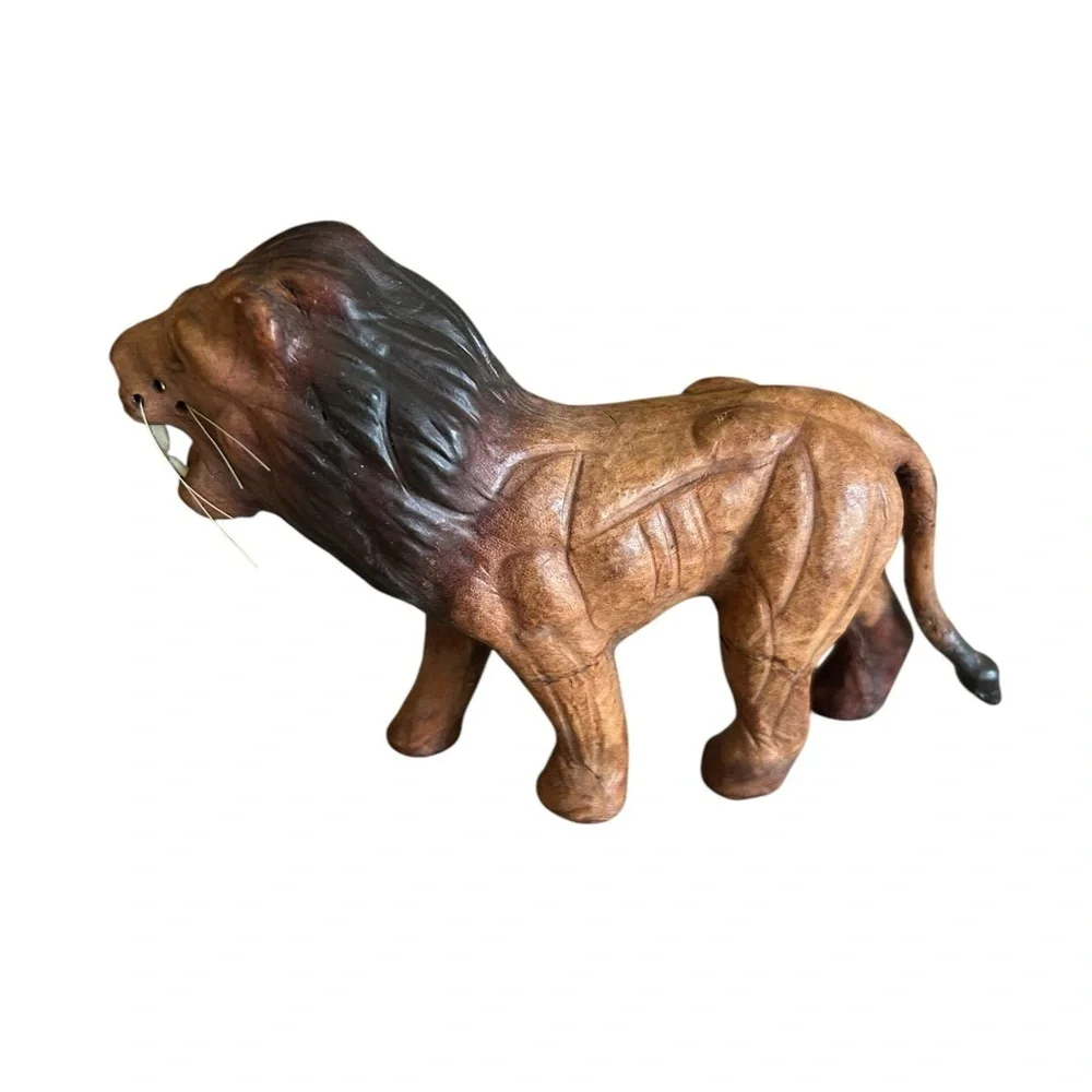 Vintage Leather Lion Elephant Giraffe Statues Figurines Lot Of 3